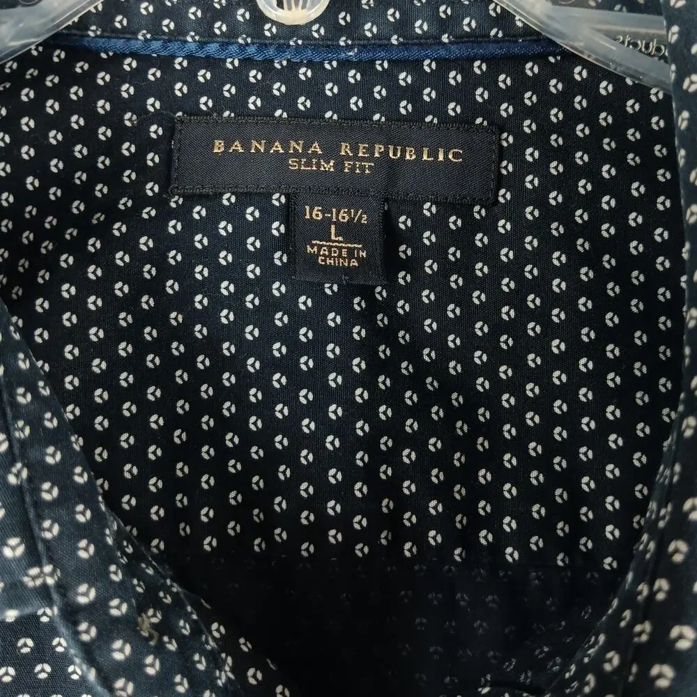 Banana Republic Slim‎ Fit Button Up Shirt Mens Large 16-16.5 Blue Navy Dot Party